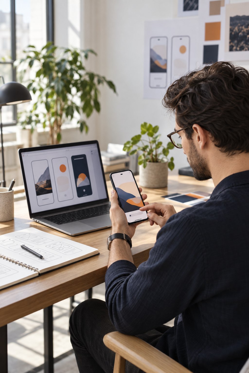 Mobile app developer testing an interface on a smartphone