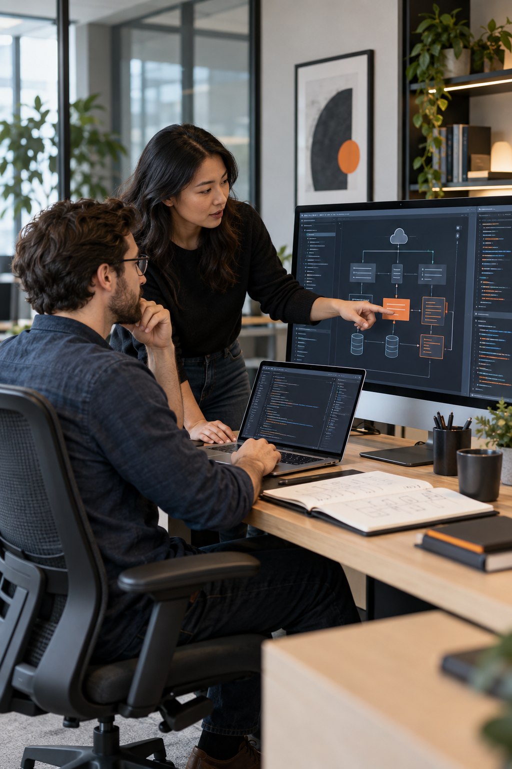 Software engineers planning a custom application architecture